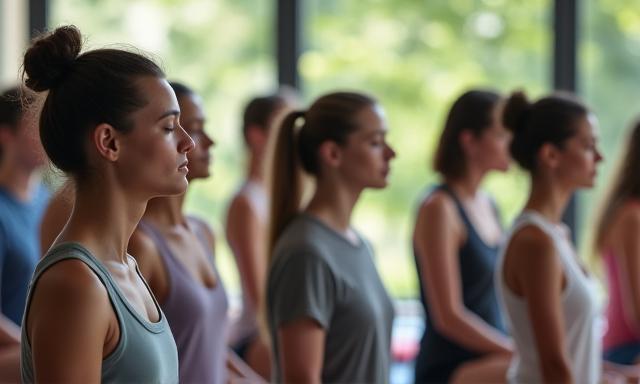 Grupė žmonių praktikuoja mindfulness meditaciją gamtos fone