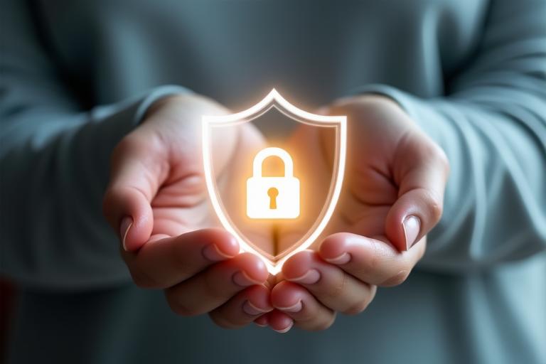 Rankos laiko apsauginį skydą su spyna, simbolizuojančios duomenų apsaugą ir privatumą.
